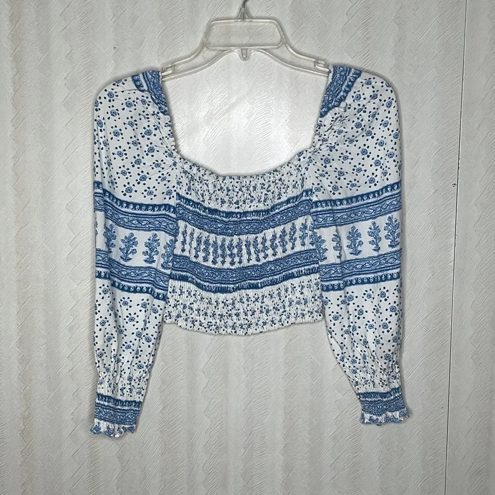 ZARA ruched printed cropped long sleeve Blouse Size S